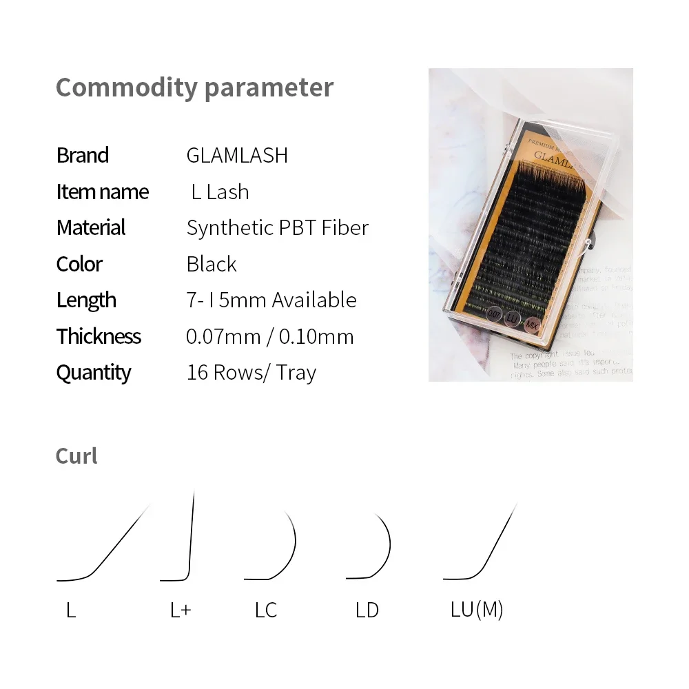 16 Reihen L L+ LC LD LU M N Wimpernverlängerung 7-15 mm gemischte Länge PBT Nerz-Wimpernverlängerung zum Pfropfen von L-förmigen Wimpern