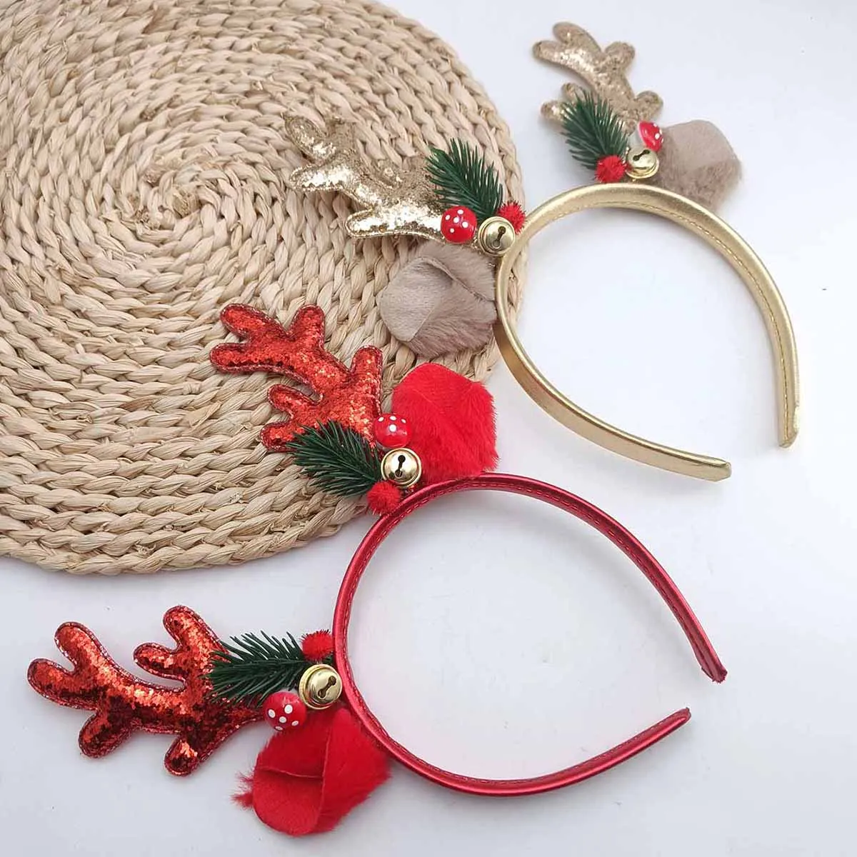 Bandeau de noël en forme de champignon à paillettes dorées, 1 pièce, grand corne de cerf, cloche, couvre-chef festif pour femmes, accessoires pour cheveux de Style forêt