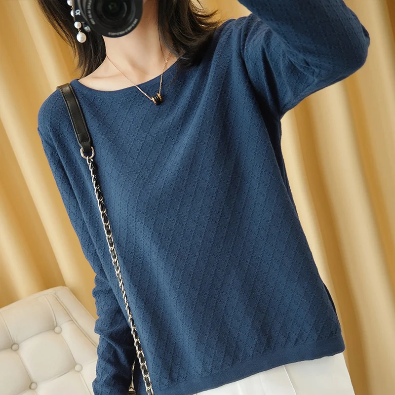 

Women's Knitted Hollow out Long Sve Cotton Sweater Loose Fit Basic Layering Top Thin Early Autumn New Sle round Ne