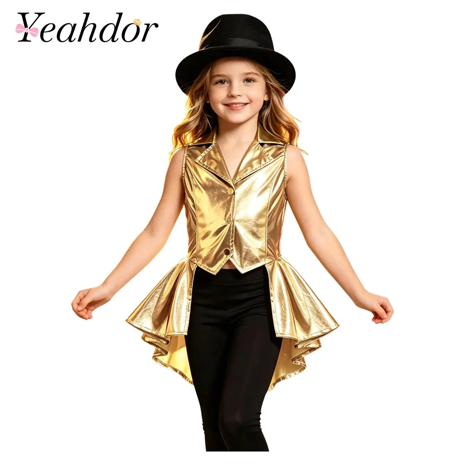 Kids Boys Girls Metallic Waistcoat Magician Outfit Sleeveless Jacket Ruffled Peplum Vests Top for Stage Performances Costume