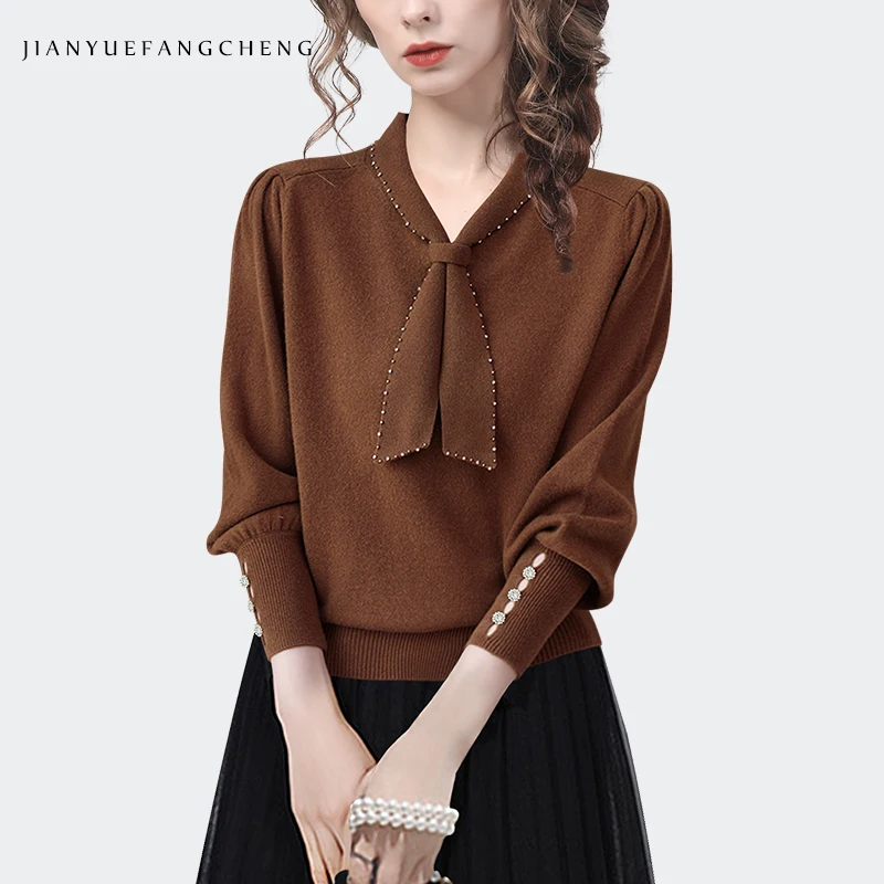 

Cute Necktie Design Women Lantern Sleeve V-Neck Brown Knitted Sweater Loose Casual Cotton Pullovers 2022 New Autumn Winter Top