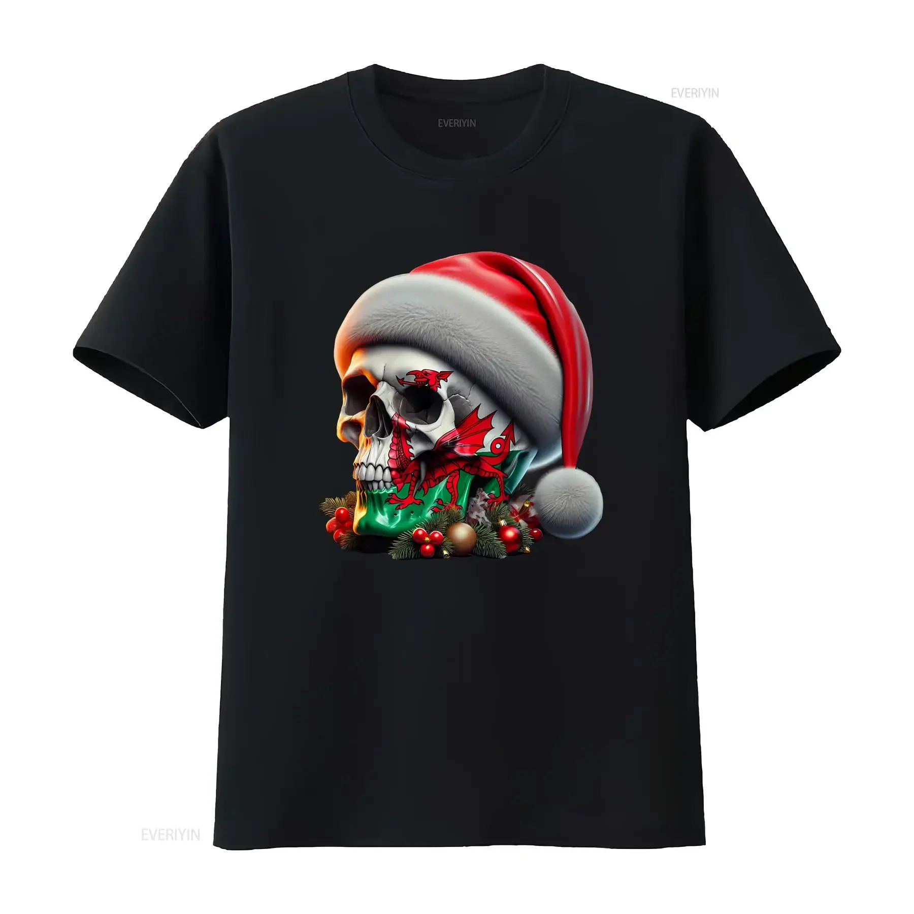 Wales Christmas Skull Xmas Welsh Flag Rugby Mens Light Cotton T Shirt vintage Washed streetwear Top For Everyday Wear Soft