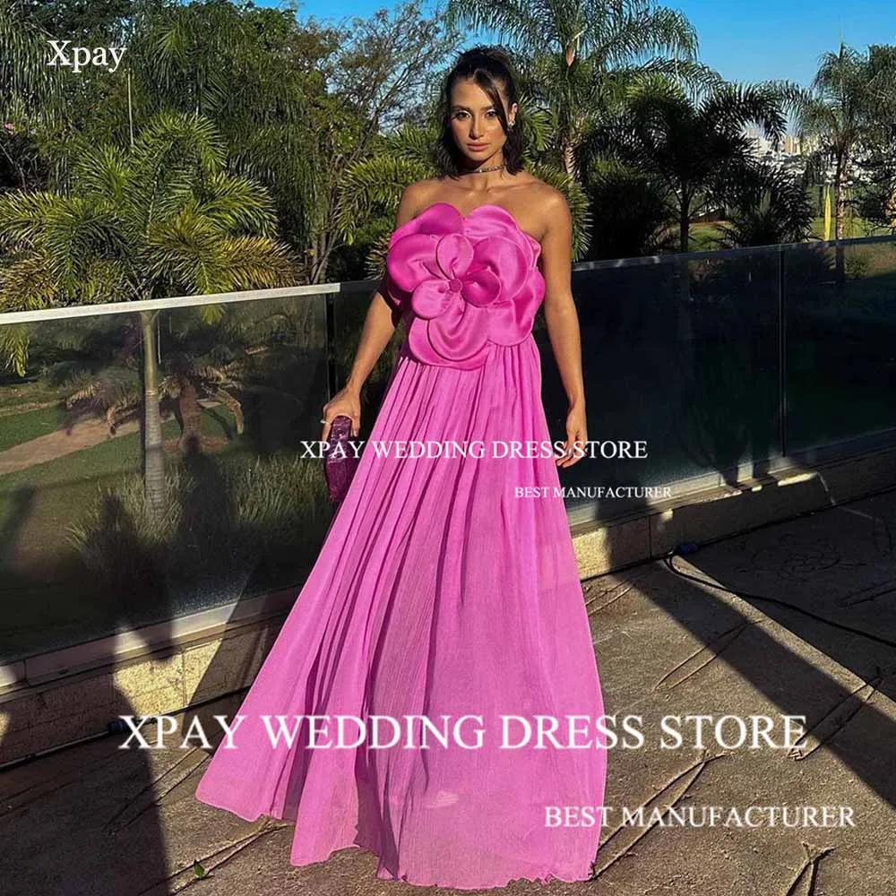 XPAY Strapless Dubai Arabic Modest Evening Dresses A Line Sleeveless Top Big Rose Flower Prom Gowns Custom Formal Occasion Dress