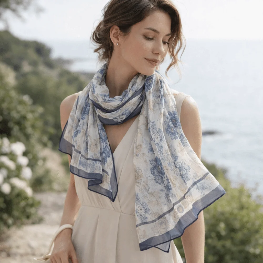 

Elegant Design Chiffon Scarf Print Pattern Classic Style Shawl Wrap Lightweight Breathable Sun Protection Scarf
