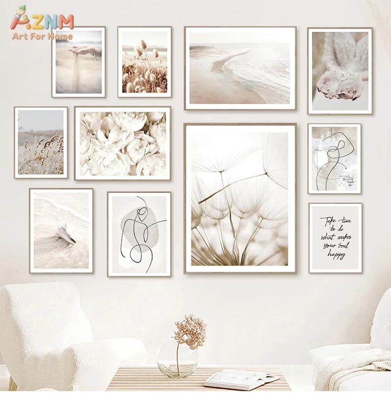 AZNM Neutral Beige Boho Canvas Wall Art, Frameless Canvas Print Ocean Beach Dandelion Floral Line Art Positive Quote for Living