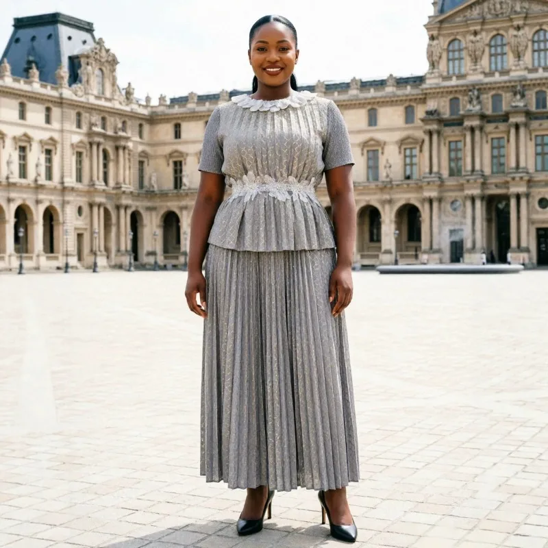 

Miyake Pleated Gold Stamping Print Skirt Set 2026 Summer New Plus Size Set Fashion Gold Stamping Loose Elegant Skirt 2-Piece Set
