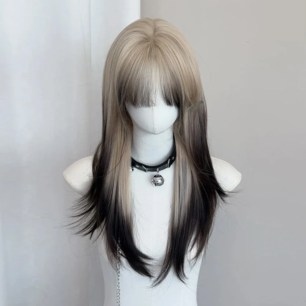 Ombre สีบลอนด์สีดําวิกผมสังเคราะห์สําหรับ Lolita คอสเพลย์ทุกวันผู้หญิงยาวตรงวิกผม Bangs