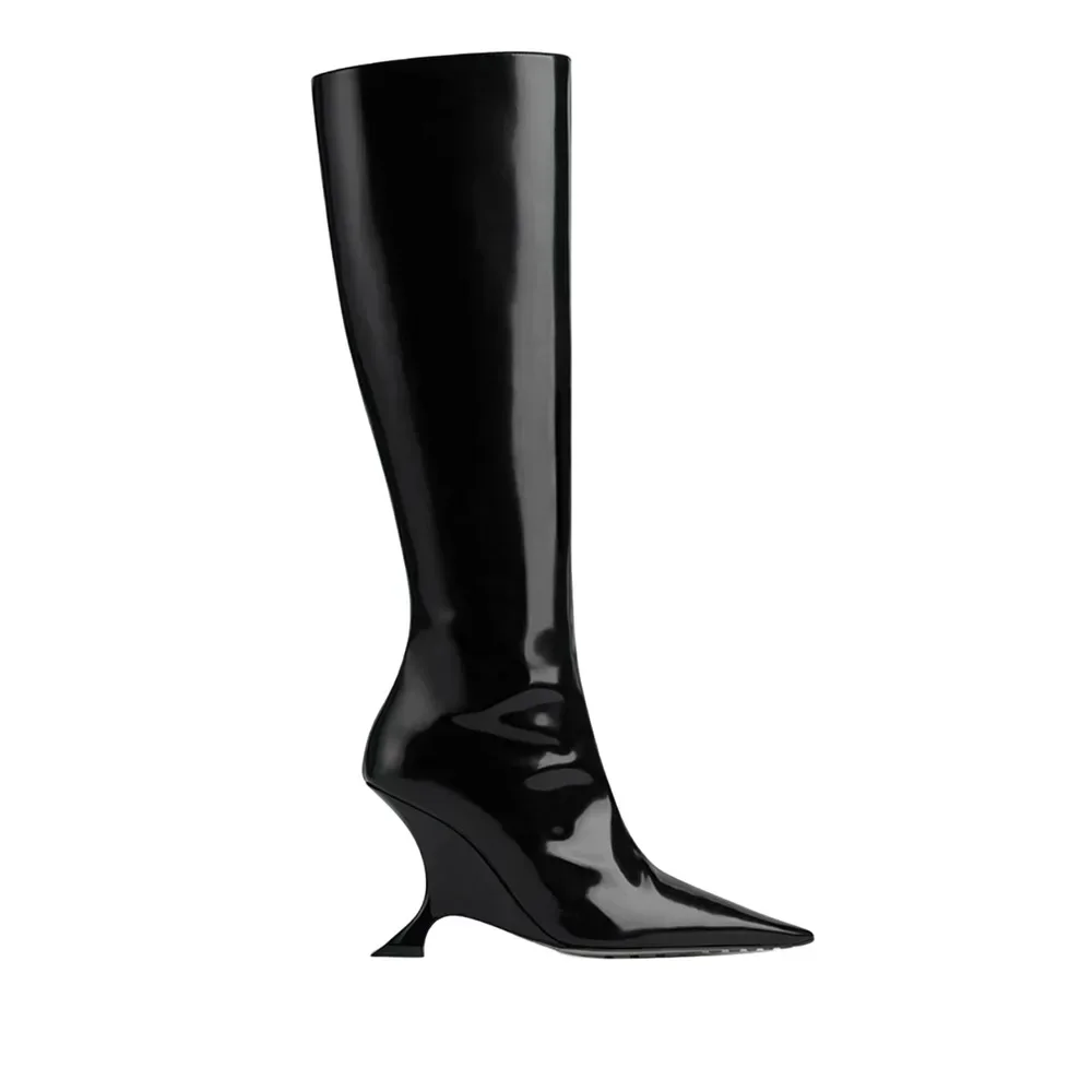 2023 Autumn/Winter New Pointed Slope High Heel Knee Long Boots, Lacquer Leather Side Zipper Fashion Women\'s Long Boots