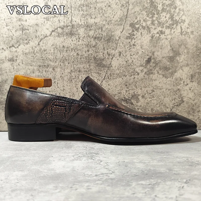 

Luxury Men Loafers Shoes Retro Brown Hand Polishing Slip On Mens Dress Casual Shoes Wedding Office Leather Shoes For Men