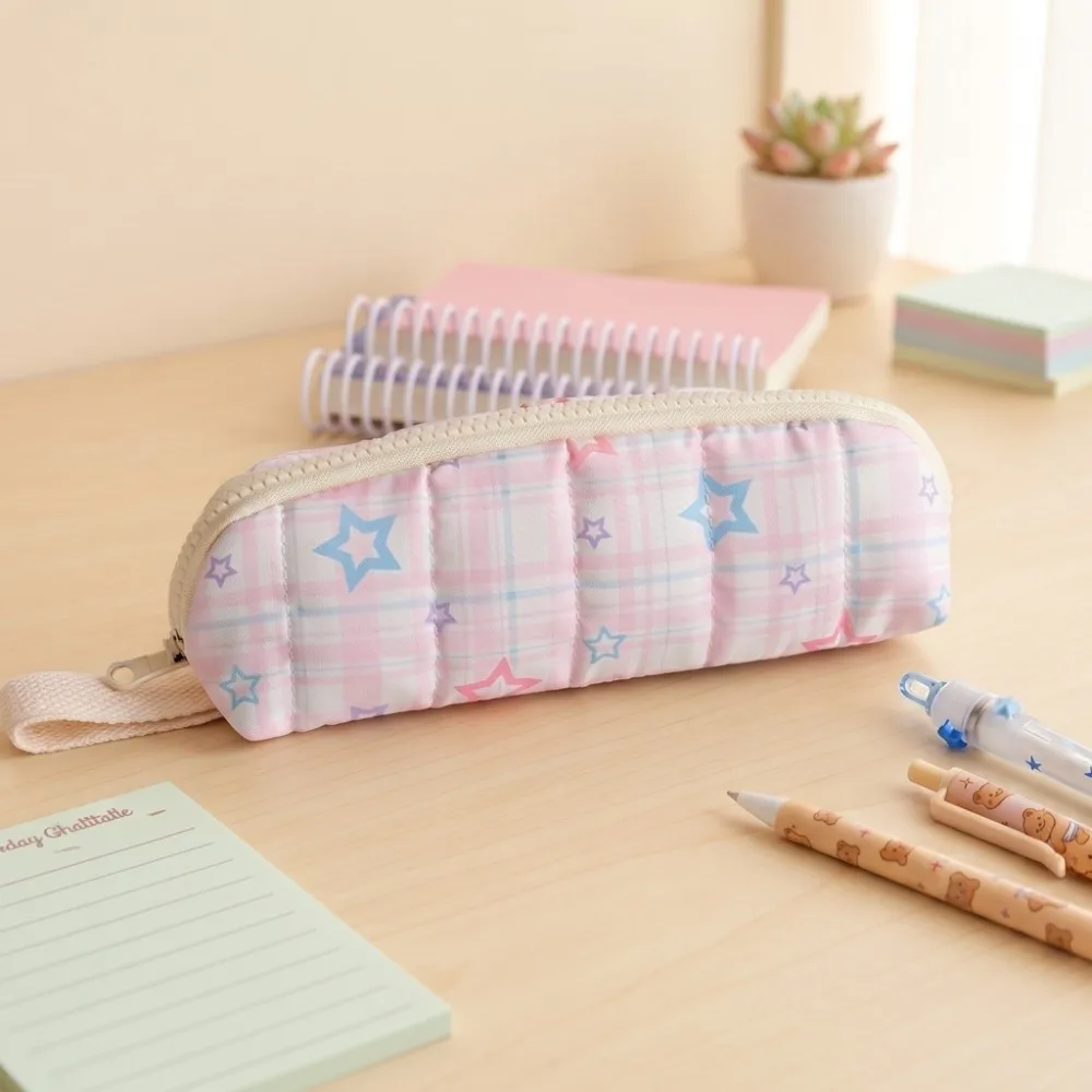Korean Style Lattice Pencil Case Multifunctional Zipper Stationery Bag Large Capacity Cute Pencil Bag Students