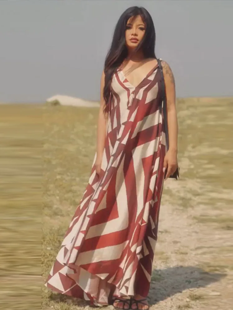 

Summer New Women's Chic Red & White Geometric Print Sleeveless Maxi Dress Trendy V-Neck Vacation Beach Wear Female Midi Dress