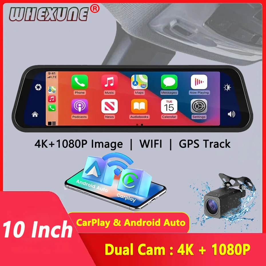 

UHD 4K 2160P Carplay Android Auto Dash Cam Stream Rear View Mirror GPS Navi 5G WIFI Car DVR Video Camera Recorder FM Transmitter