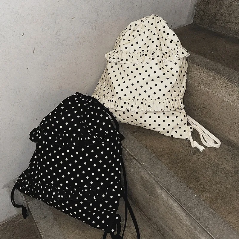 New Polka Dot Print Spliced Ruffled Drawstring Backpack Large Capacity Simple Casual Drawstring Bag