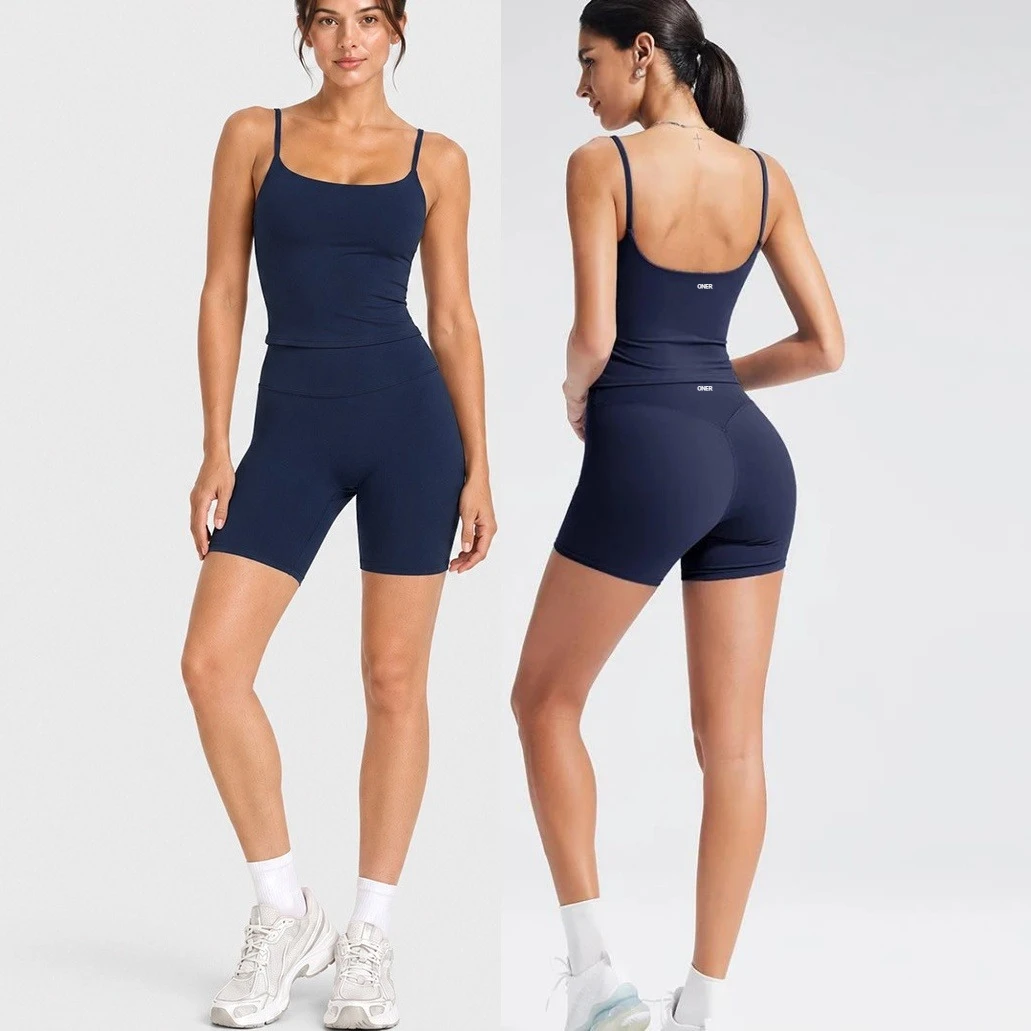 Women Square Neck Thin Strap Padded Sports Top High Waist Butt Lift Yoga Biker Shorts 2Pcs Soft Stretch Workout Matching Set