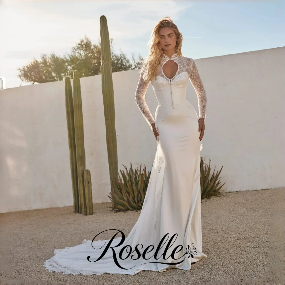 ROSELLE Detachable Lace High Neck Long Sleeve Overlay Mermaid Wedding Dress Sweetheart Train 2026 Customized Robe De Mariée