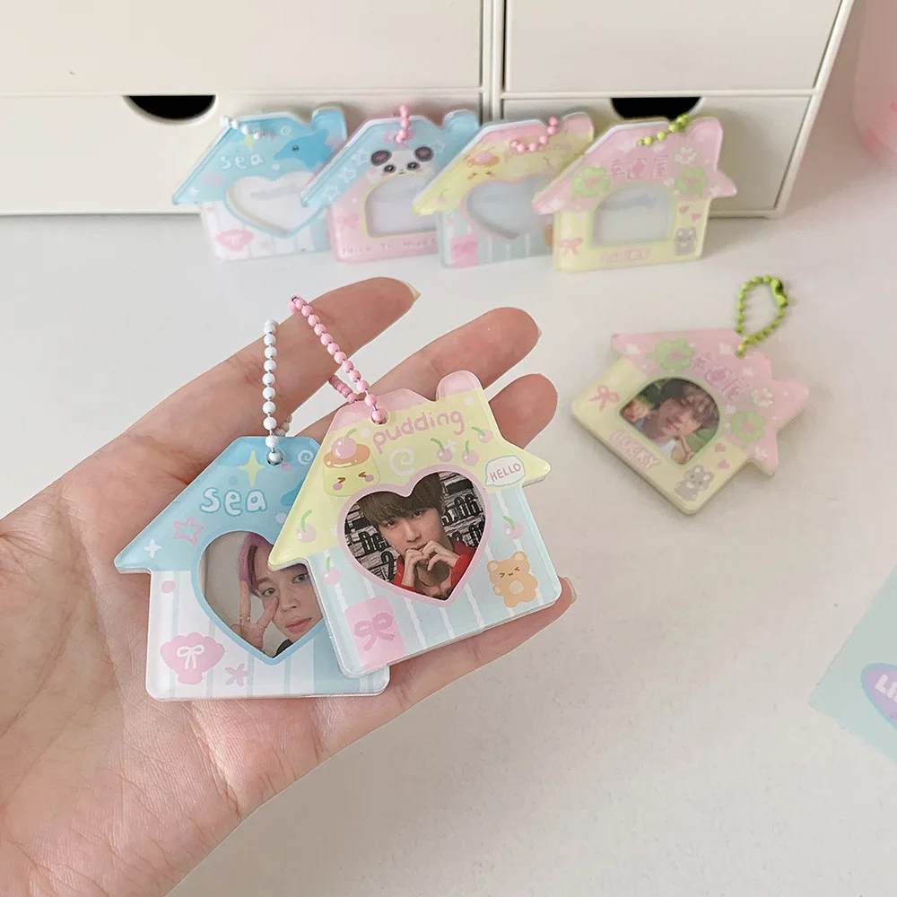

Cartoon Photo Keychain Holder DIY Picture Photo Frame Key Rings Mini Photo Album House Pendants Small Card Sleeve