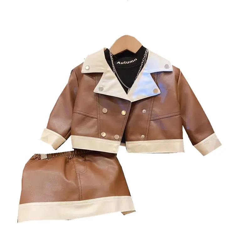 Girls Clothes Sets Spring Autumn 2024 Children Fashion Leather Jackets Skirts 2pcs Party Suit For Baby Dress Costume Kids Outfit