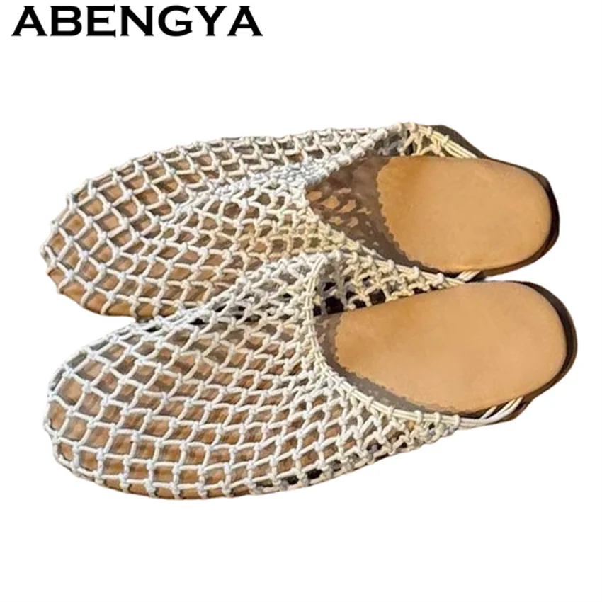 

ABENGYA 2025 Summer New Mesh Hollow Flat Slippers Women Round Toe Obesity Home Shoes Sexy Ethnic loafers Mules Slippers Woman