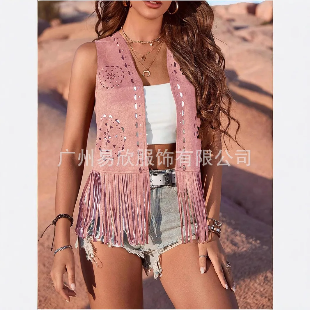 Western Fringe Vest for Women - Vintage Faux Suede Waistcoat with Tassel Trim, Boho Hippie Open Front Sleeveless Jacket