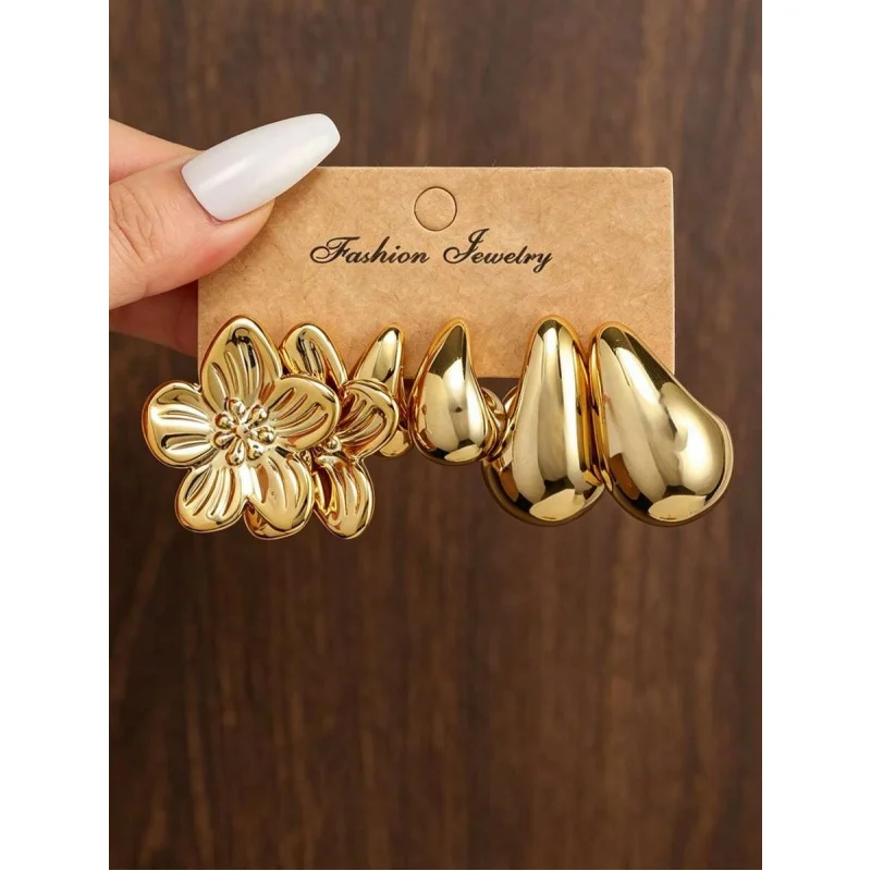3/9 Pairs Set Graceful Metal Floral Drop C-Shape Earrings – Chic Accessory for Daily, Dates & Parties.