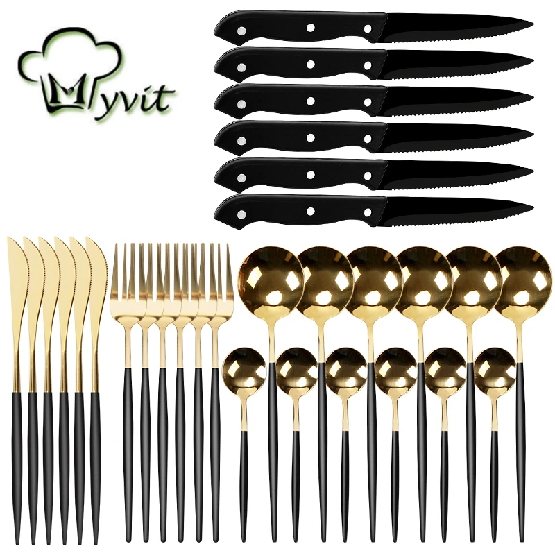 30PCS Dinnerware Stainless Steel Flatware Set Serrated Steak Knife Fork Spoon Teaspoon Cutlery Set Food Silverware Tableware Set