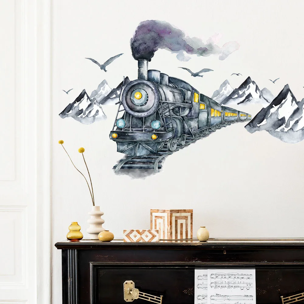 Retro Steam Train Wall Sticker, Watercolor Mountain & Bird Removable Decal for Boys Bedroom & Playroom