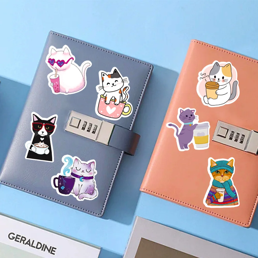 50 PCS Cartoon Hand-painted Cat Coffee Stickers Decals Laptop Mobile Phone Luggage Skateboard iPad Children\'s Toys Waterproof St
