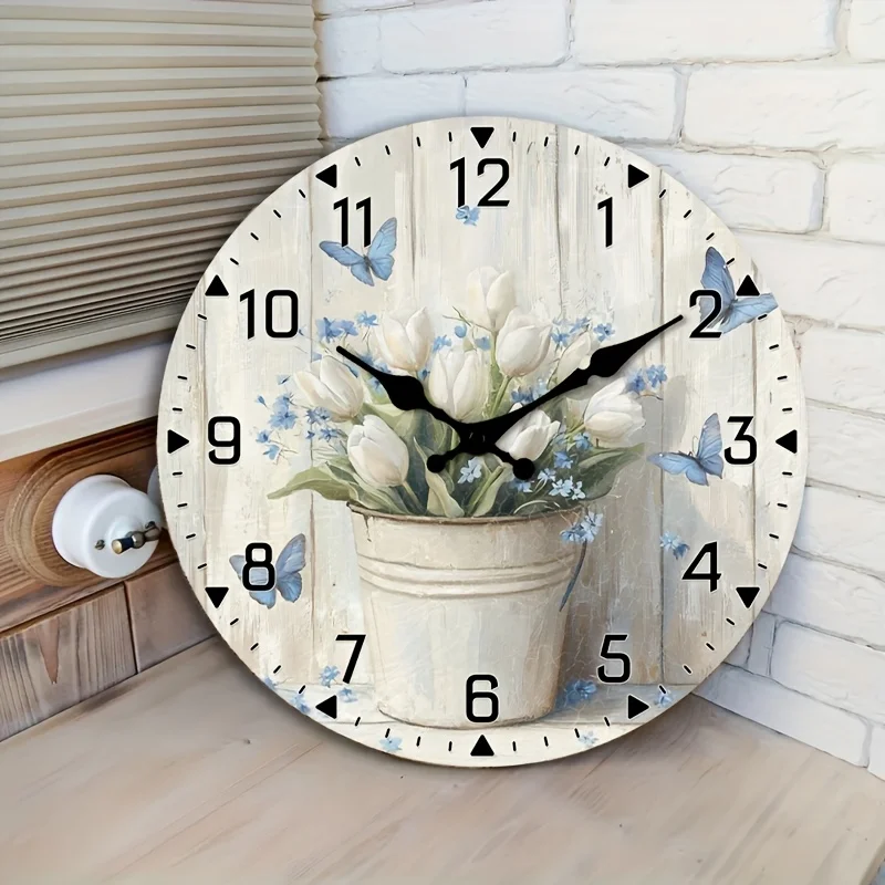 1pc Non-Ticking PVC Wall Clock Rustic Floral Tulip Butterfly Design, Circular Battery Operated (AA Not Included) for Kitchen