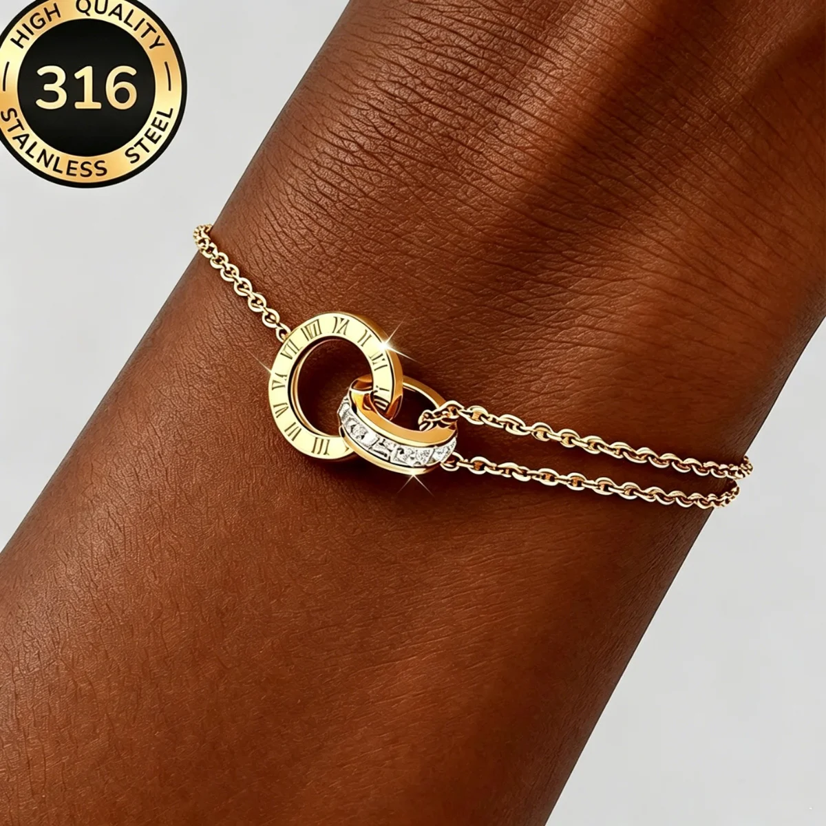 Luxury Gold Plated Stainless Steel Dazzling Zircon Bracelet for Women Girls Roman Number Design Fashion Charm Party Jewelry Gift