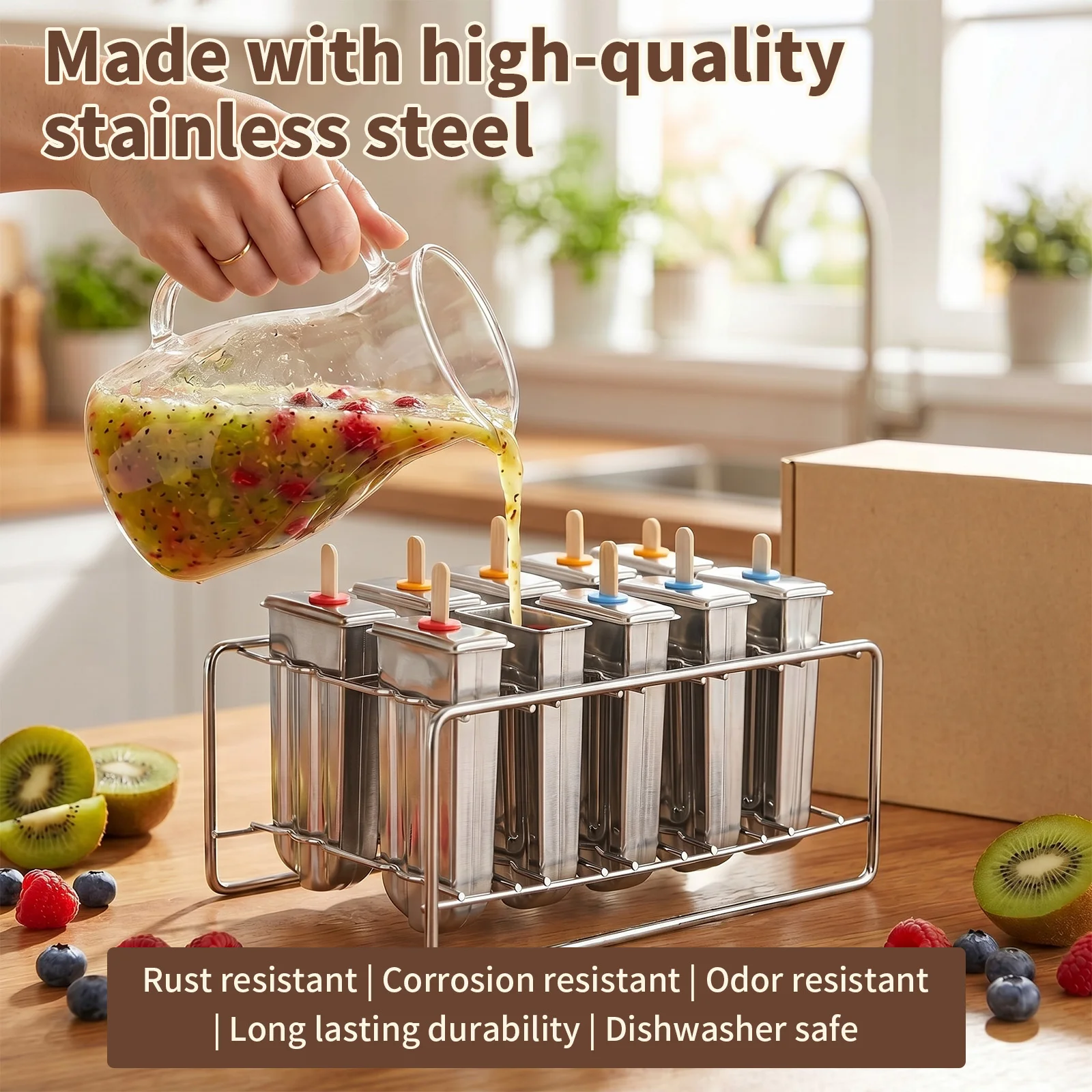 10PCS Popsicle Molds Set with Sticks and Bags Stainless Steel Popsicle Maker for Ice Candy Lolly Pops Juice and Fruit Smoothies