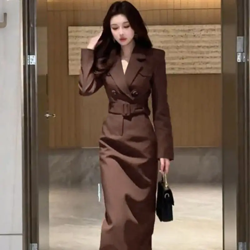 Autumn New Long Sleeved Waist Cinched Suit Women's Autumn French High-end Temperament Dress Long Minimalist Casual Dresses