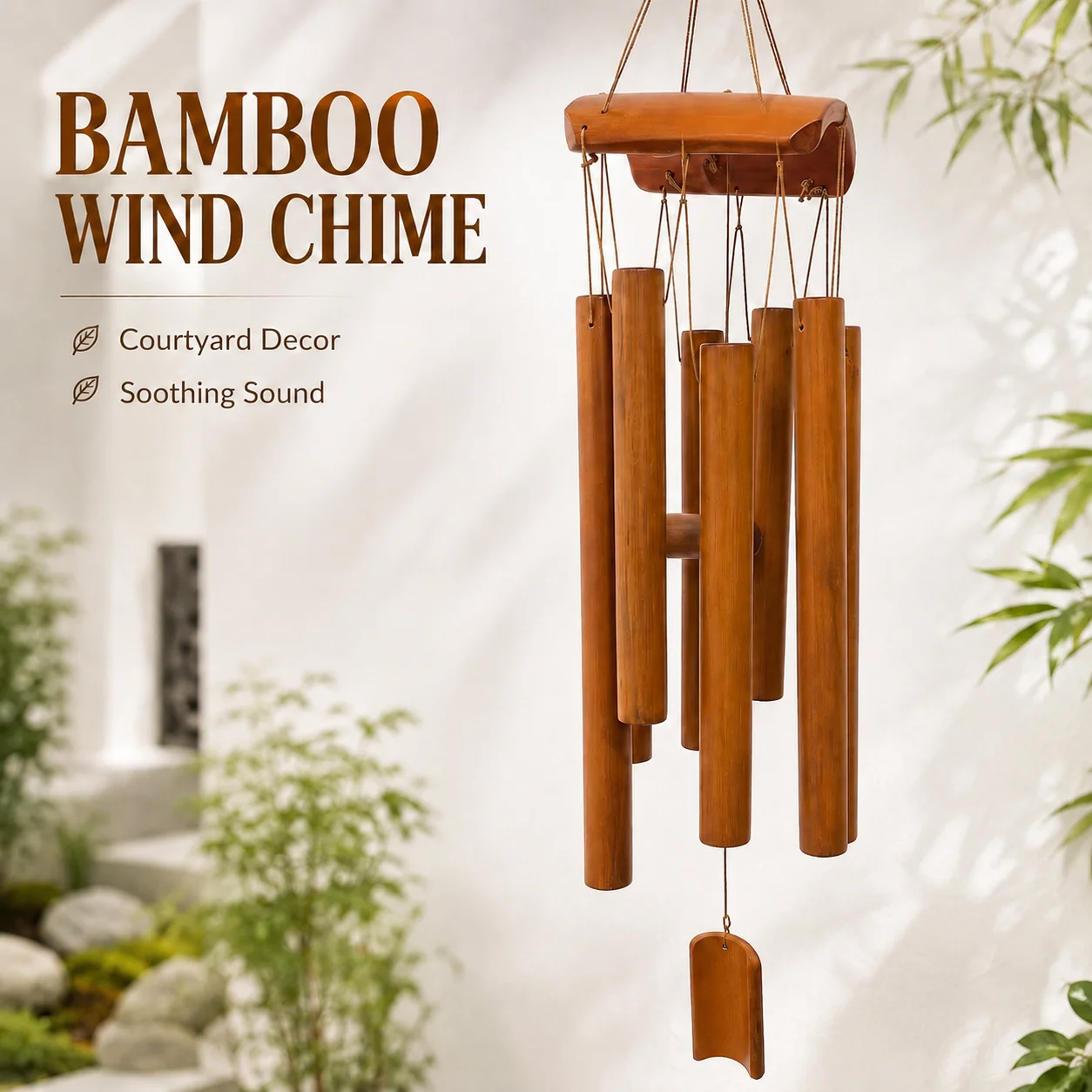 Bamboo Wind Chime Handmade Garden Decoration Suitable for Porch, Patio, Outdoor Relaxing and Soothing Wind Chime for Home, Temp