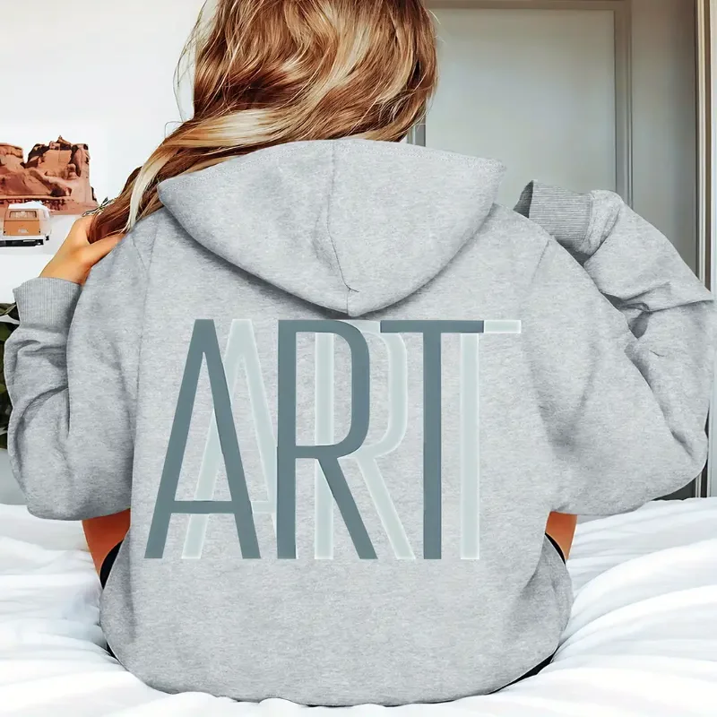 Felpa casual da donna con cappuccio Pullover con stampa di lettere artistiche Cappuccio con coulisse regolabile Stagione autunno inverno Comfort Abbigliamento casual