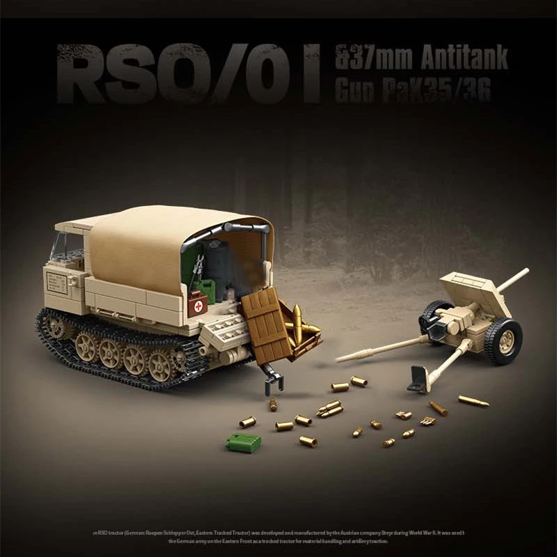 MOC WW2 Armored Vehicle Building Block RSO/01 Track Tracker and 37mm Anti Tank Gun Pak35/36 Weapon Brick Assembly Toy for Boys