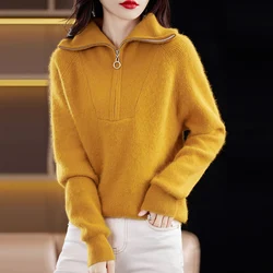 Risvolto Visone Cashmere Donna Nuovo Autunno E Inverno Maglione Spesso Allentato Mezza Zip Pigro Maglia Pullover Top 2024