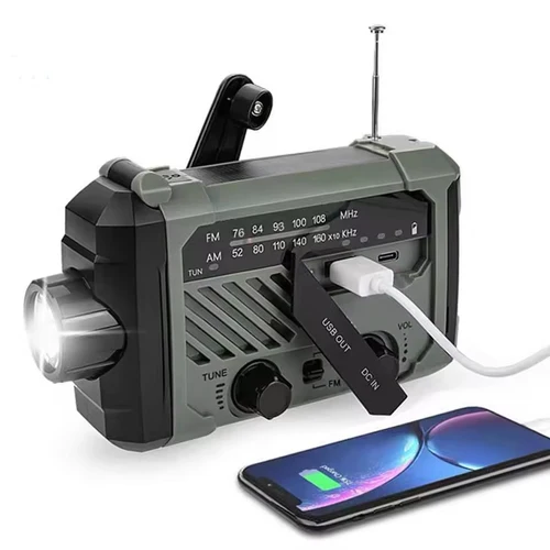 Imagen 1 del producto Radio solar de emergencia con mango, linterna portátil de 3 modos, sirena SOS, cargador de teléfono móvil, equipo y suministros de supervivencia para acampar