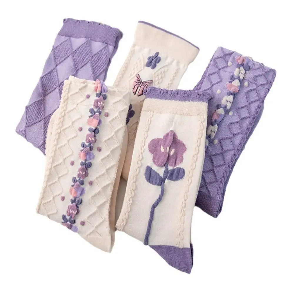 5Pairs Ins Purple Series Floral Tube Socks Flower Bowknot Girls Mid-calf Socks Hosiery Harajuku Sweet Sock Women Autumn