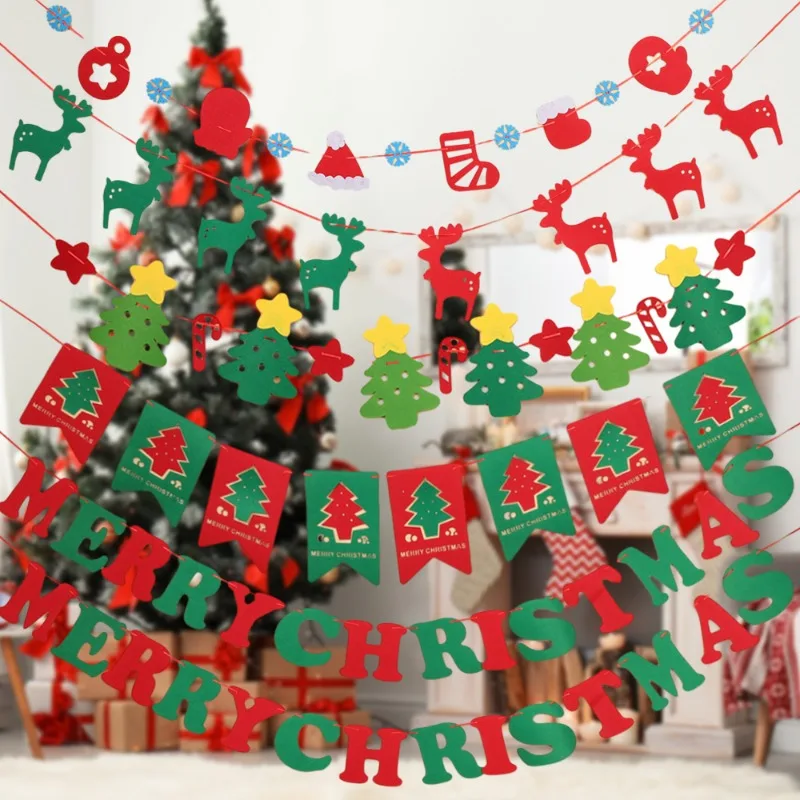 Merry Christmas Banner Hanging Ornaments Festive Garland Flags New Year Party Home Decoration Xmas Tree Santa Elk Felt Pull Flag