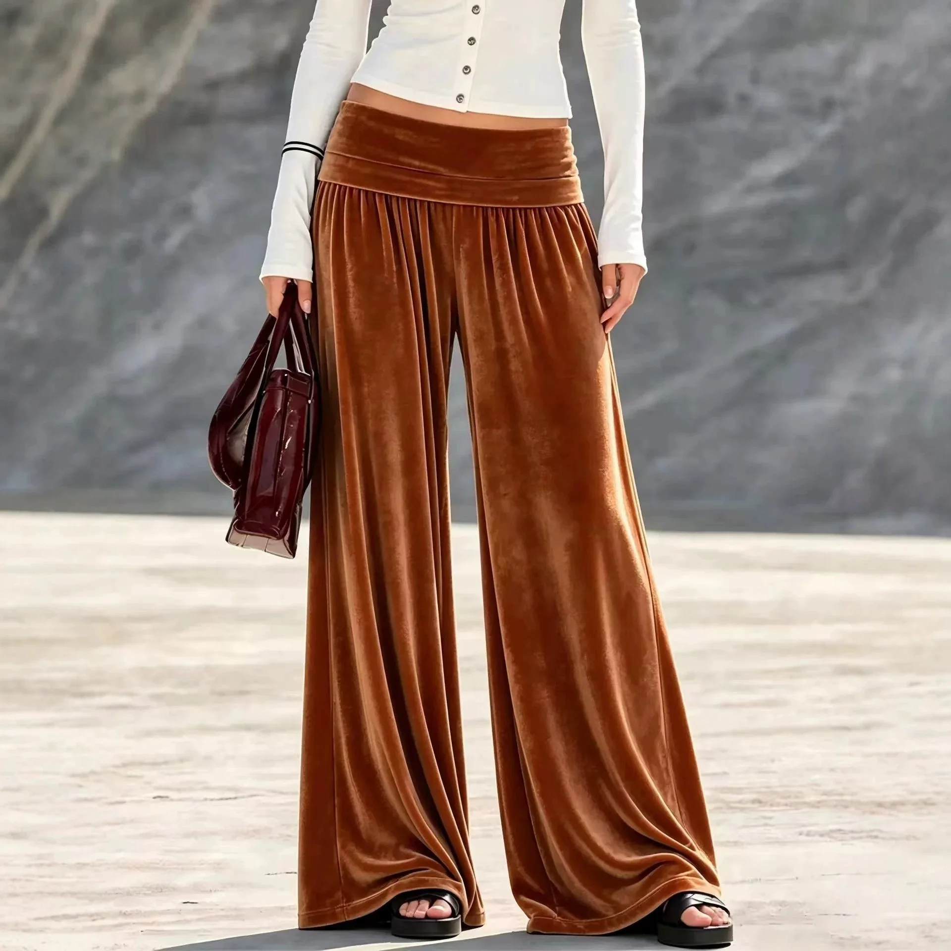 Women Velvet Wide Leg Pants High Waist Fold Over Pleated Loose Draped Floor Length Trousers Casual Autumn Winter Palazzo