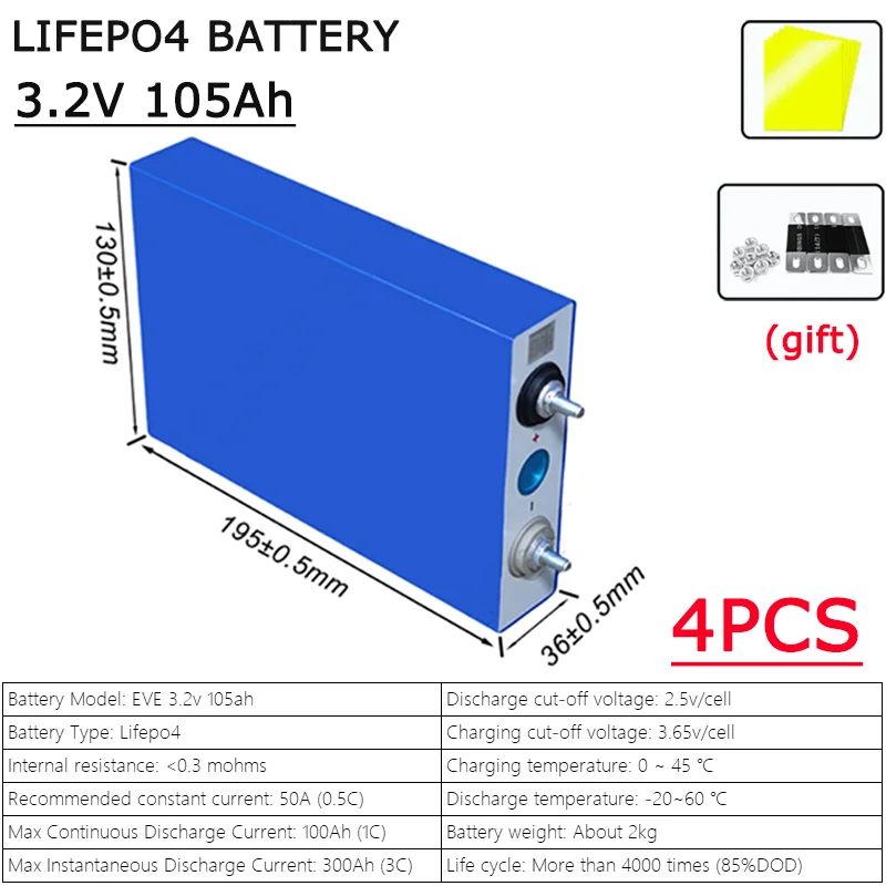 4 قطعة-3.2 فولت 105AH EVE A-الصف بطارية ليثيوم فوسفات الحديد لتقوم بها بنفسك 12 فولت 24 فولت 48 فولت وظيفة لتخزين الطاقة الشمسية/الطاقة المنزلية