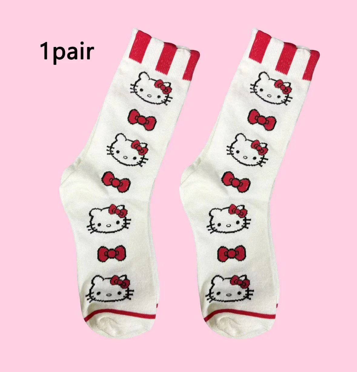 مجموعة مكونة من 1/5 زوج من الجوارب ذات طابع هالو كيتي، طراز جميل وبناتي، منقوشة ريترو + نقطة بولكا + نمط لطيف، جوارب منتصف الساق، يجب أن يكون