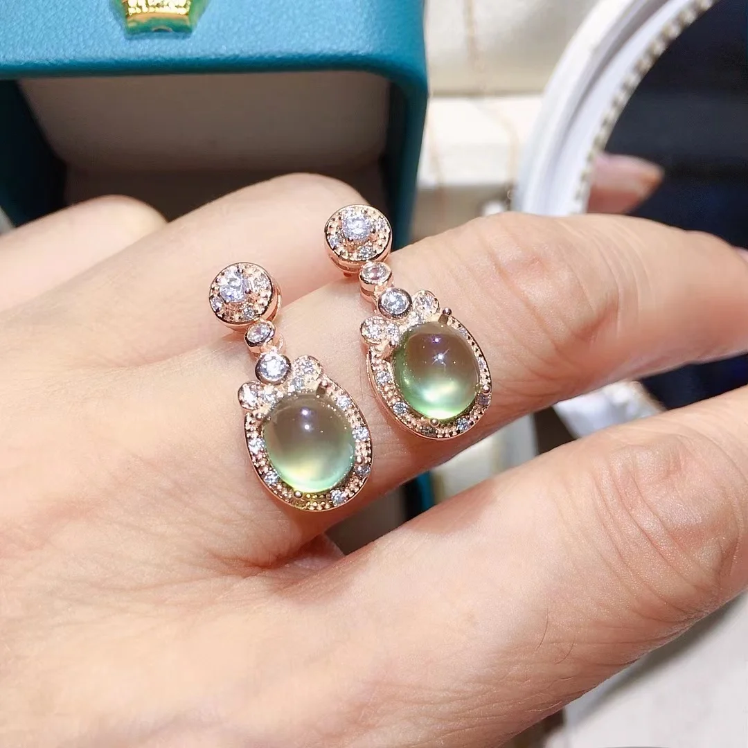 Total 2ct 6mm*8mm Natural Prehnite Drop Earrings Elegant 925 Silver Prehnite Earrings 18K Gold Plating  Natural Prehnite Jewelry