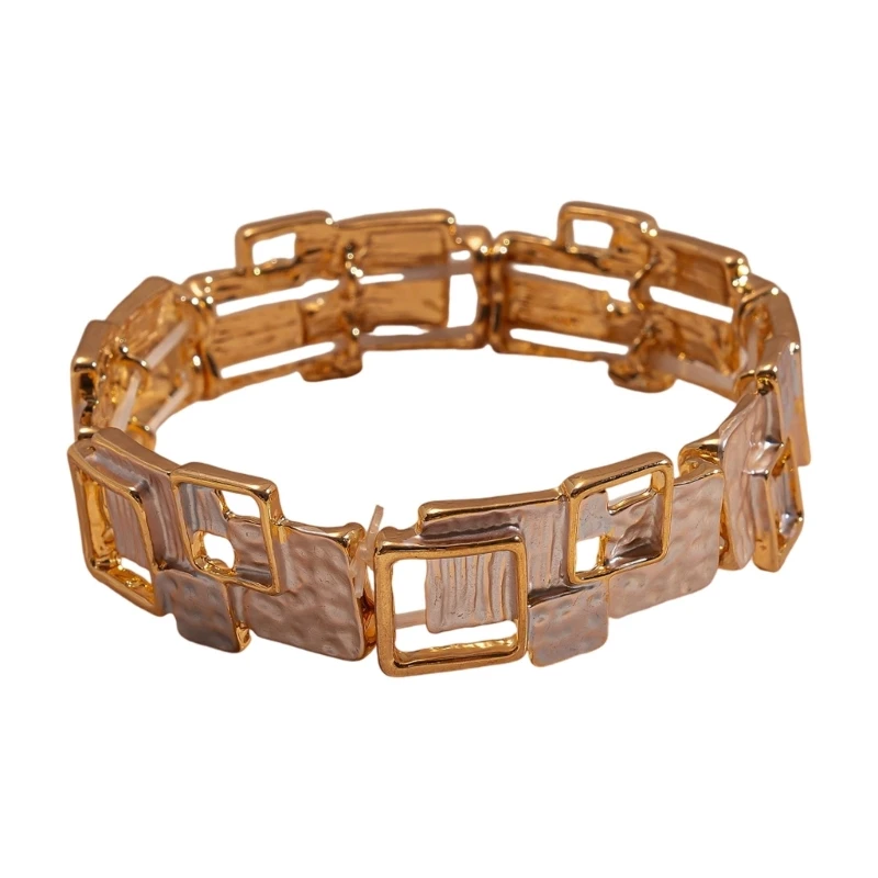 E15A Sturdy Square Pattern Elastic Bracelet Metal Alloy Jewelry With Modern Design For Women Men Fashion Accessories Gift
