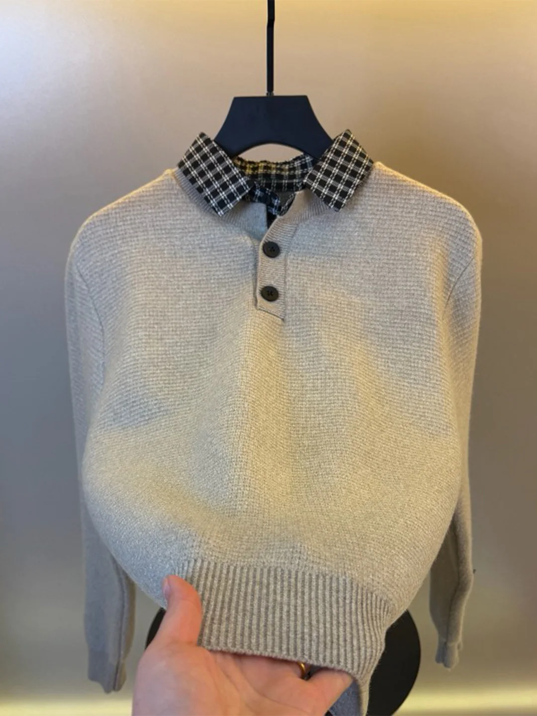 

Men's Casual Knitted Sweater irt Collar Patchwork Fake Two-Piece Knitwear Faionable Inner Wear Soft Polyester Blend