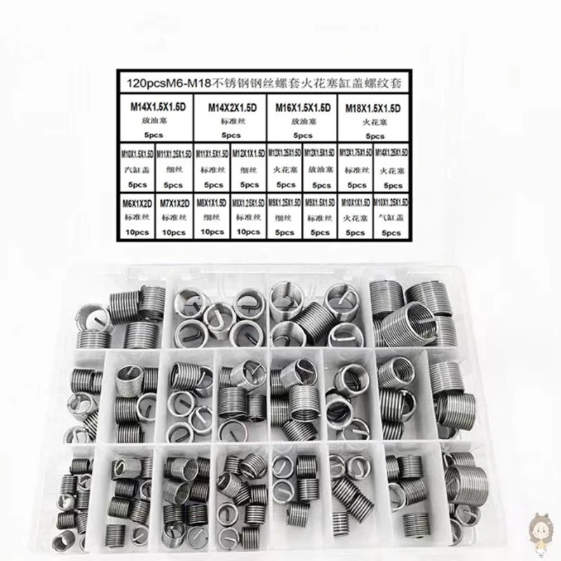 

120pcsM6-M18 Automotive Spark Plug Oil Pan Thread Repair Kit Steel Wire Thread Insert Tooth Sleeve Combination Box