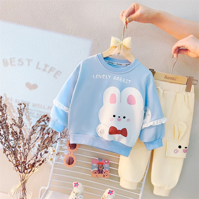 2022 Autumn Kids Clothing Sets for Baby Girls Clothes Outfits Infant Lace T Shirt Pants Cute Cartoon Rabbit Children Sportswear