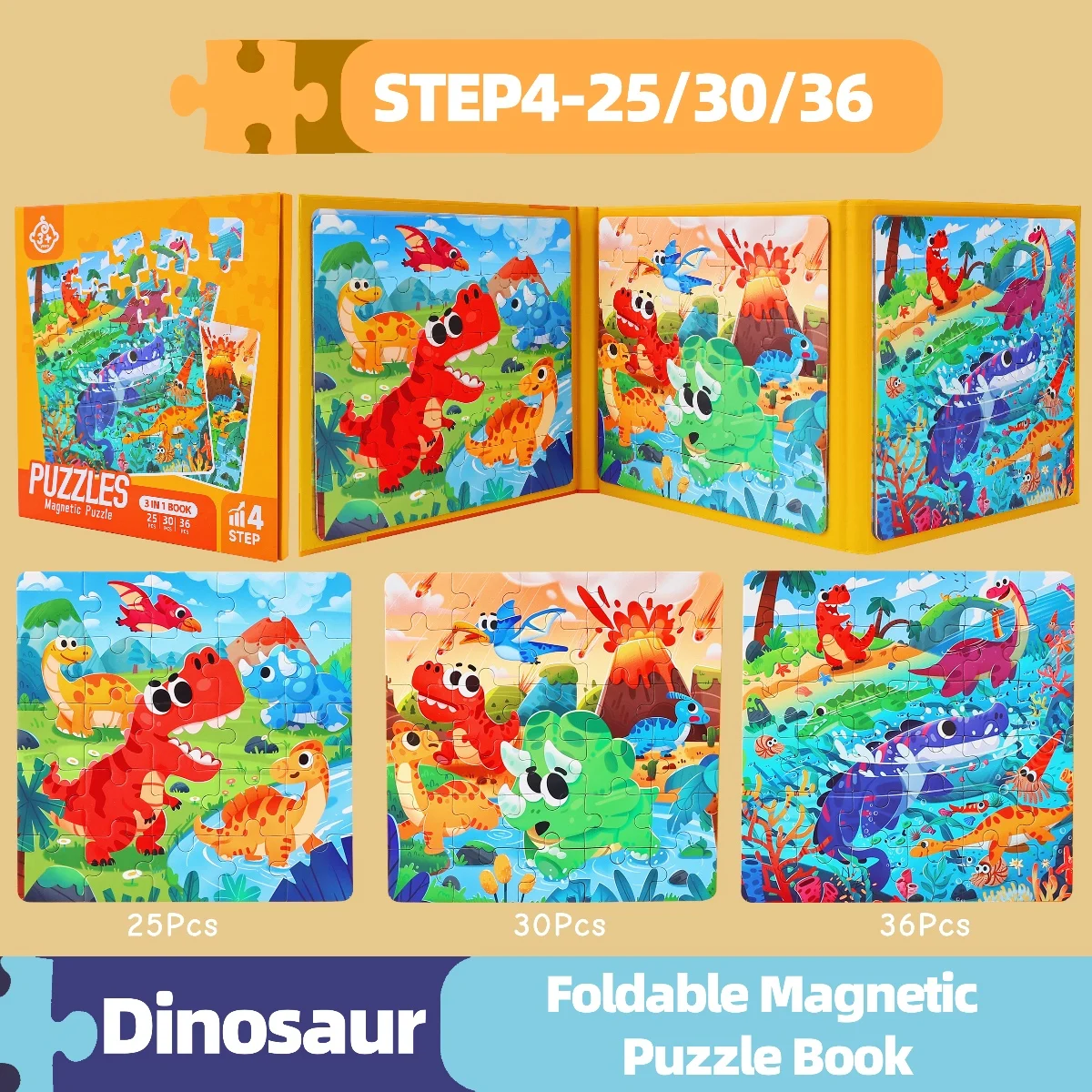 3-in-1 퍼즐이 포함된 접이식 자석 퍼즐 책, 난이도 업그레이드가 포함된 도전 게임, 어린이 교육 계몽, 논리적 사고 및 상상력 발달 장난감, 재미있는 만화 공룡 테마 패턴, 3세 이상 남아 및 여아에게 적합한 선물
