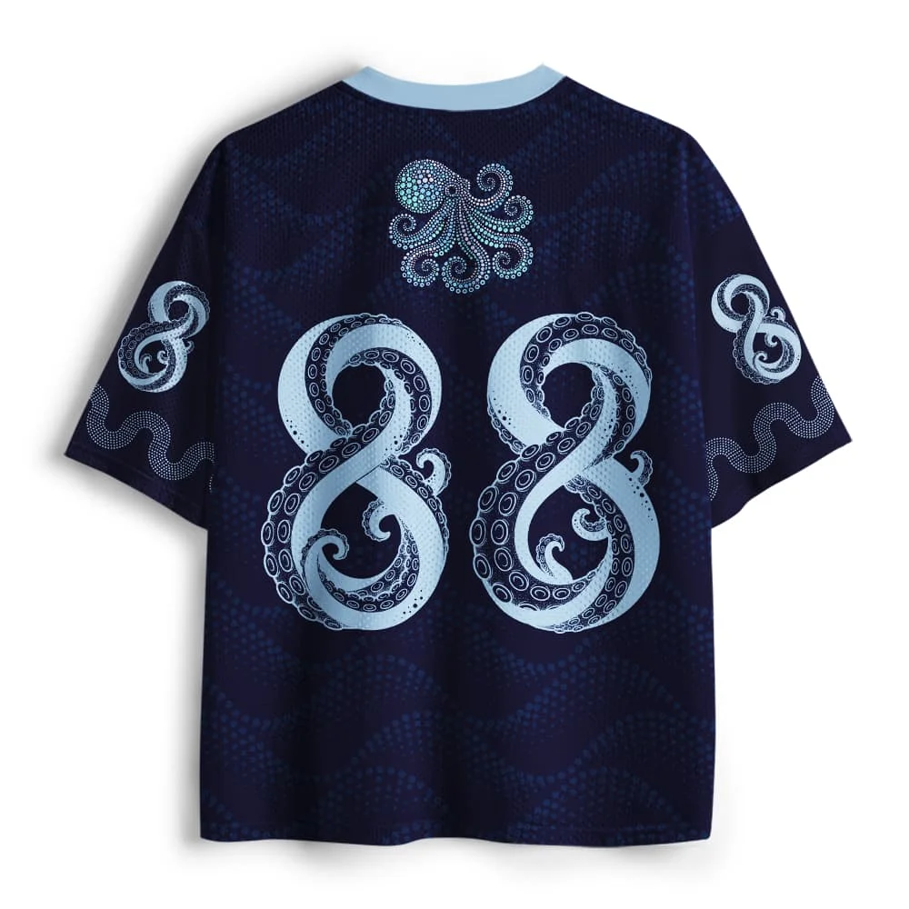 Tribal Totem Octopus Japanese Octopus Printed Mesh Ice Hockey Jersey Unisex Ocean Art V-neck Loose Short Sleeve