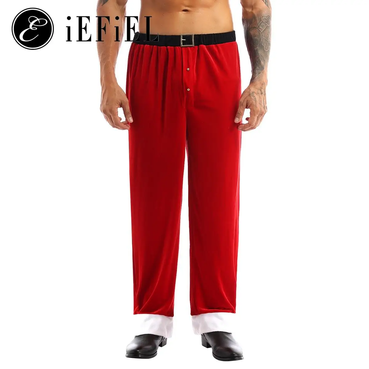 Mens Adult Christmas Santa Claus Costume Red Velvet Long Pants Trousers Xmas Party Holiday Festivals Cosplay Costume