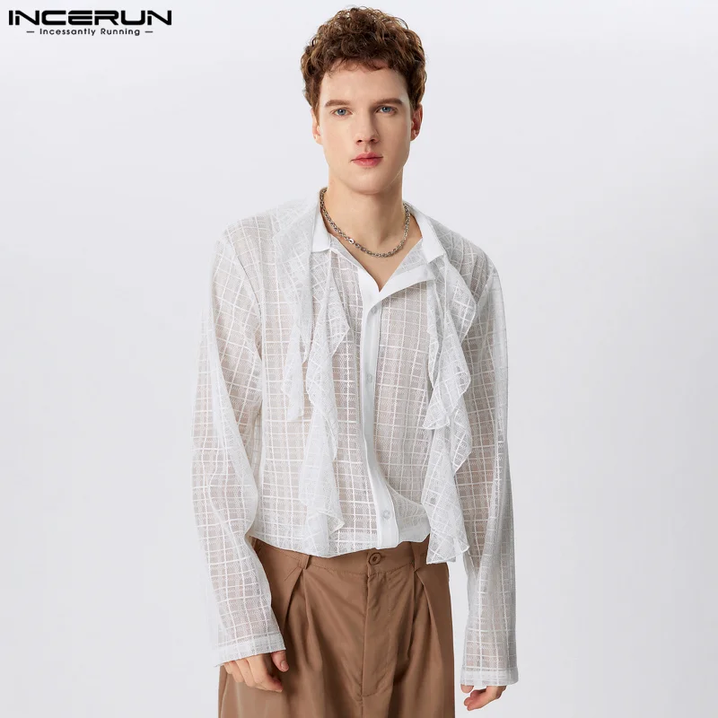 

INCERUN Tops 2024 Fashion New Men Ruffled Edge Plaid Shirts Sexy Casual Men Solid Slightly Transparent Long Sleeved Blouse S-5XL